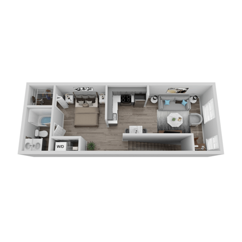 A top-down view of a house layout with a living room, kitchen, and bathroom.