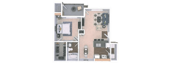 A floor plan of a small apartment with a kitchen, living room, and bathroom.