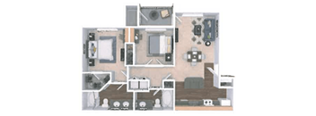 A floor plan of a two-bedroom apartment with a kitchen, living room, and bathroom.