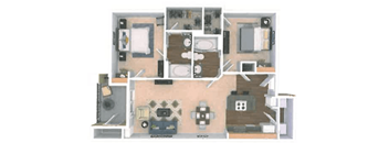 A floor plan of a two-bedroom apartment with a living room, kitchen, and bathroom.