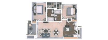 A floor plan of a house with a kitchen, living room, and two bedrooms.