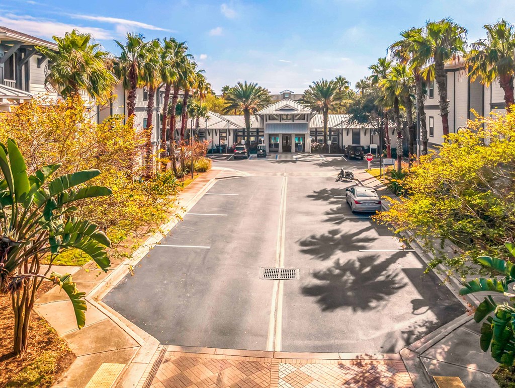 an empty parking lot with palm trees and buildings