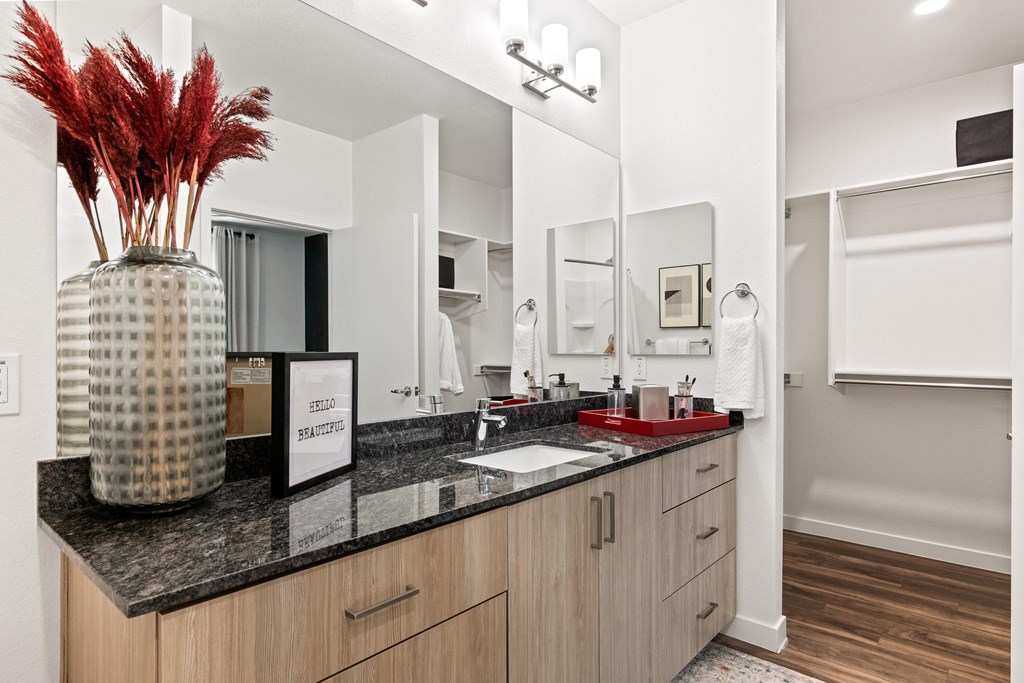 a bathroom with a vanity with a sink and a mirror