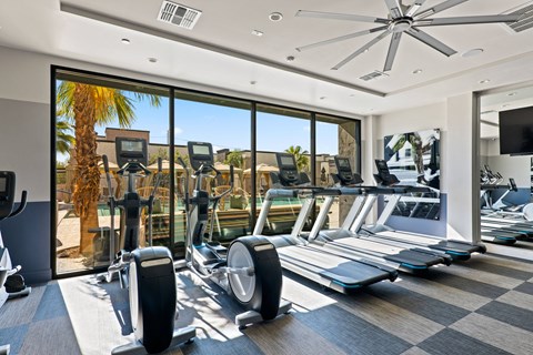 a gym with floor to ceiling windows and cardio equipment