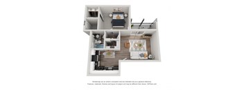 a stylized floor plan with a bedroom and a living room