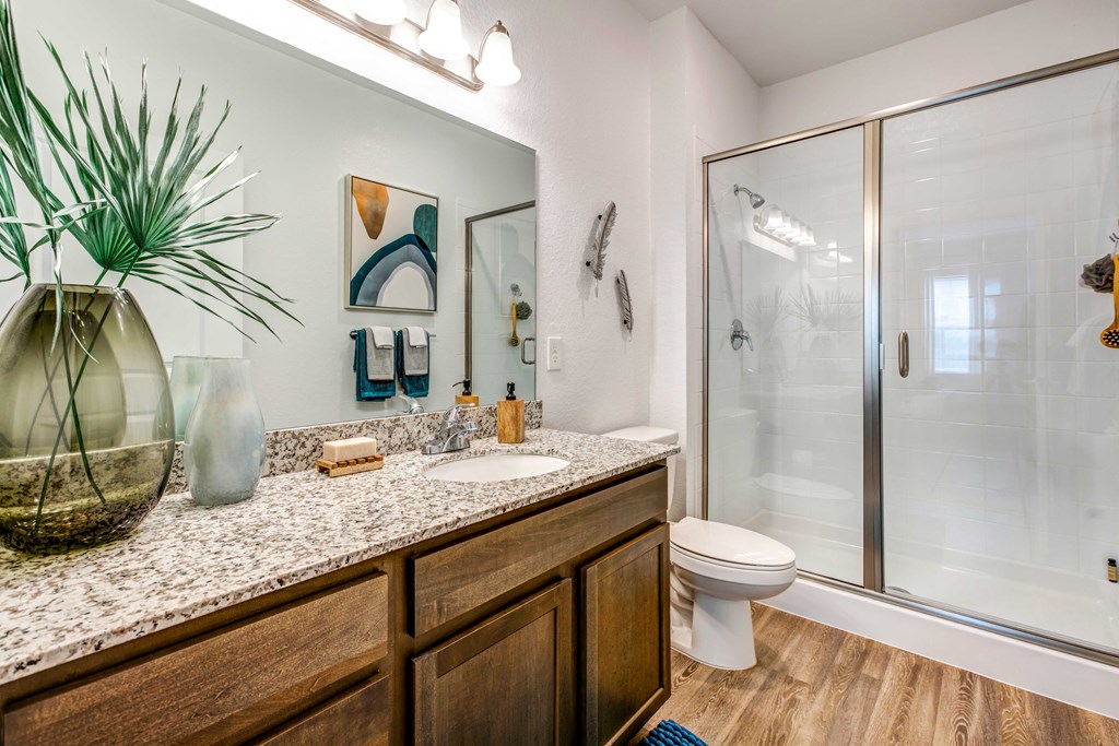 a bathroom with a shower and a sink and a toilet