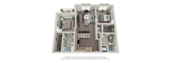A 3D floor plan of a small apartment with a kitchen, living room, and bathroom.
