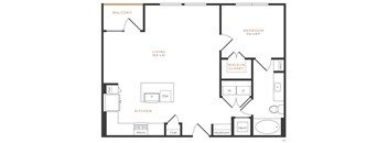 A floor plan of an apartment with a living room, kitchen, bedroom, and bathroom.