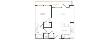 A black and white floor plan of an apartment with a bedroom, living room, kitchen, and walk-in closet.
