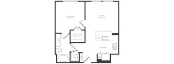 A black and white image of a floor plan for a bedroom, living room, kitchen, and walk-in closet.