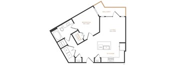A floor plan of an apartment with a bedroom, living room, kitchen, and bathroom.