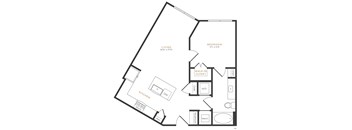 A black and white image of a floor plan for a home with a living room, kitchen, bedroom, and walk-in closet.