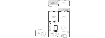 A black and white image of a floor plan for a two-bedroom apartment.