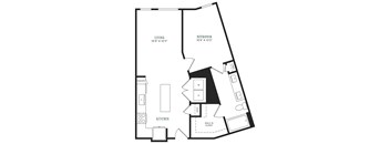 A black and white image of a floor plan for a living room, kitchen, pantry, and bedroom.