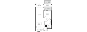 A black and white image of a floor plan for a home with a living room, bedroom, kitchen, and bathroom.