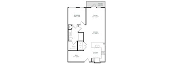 A black and white image of a floor plan for a home with a den, patio, and kitchen.