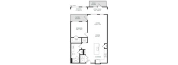 A black and white image of a floor plan for a home with a living room, dining room, kitchen, and two bedrooms.