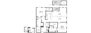 A floor plan of a home with a living room, dining room, kitchen, and two bedrooms.