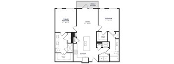 A black and white image of a floor plan for a living area, kitchen, and bedrooms.