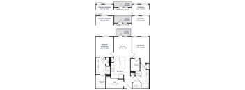 A floor plan of a home with a living room, two bedrooms, a patio, a kitchen, and a den.