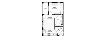A black and white image of a floor plan for a small apartment.