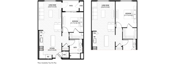 A floor plan of a two bedroom apartment with a kitchen and bathroom.