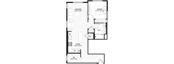 A black and white image of a floor plan for a house with a living room, bedroom, bathroom, kitchen, and den.