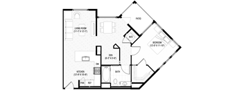 A black and white image of a house floor plan with a living room, kitchen, bathroom, and bedrooms.