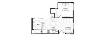 A black and white image of a floor plan for a small apartment.