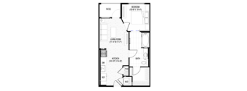 A black and white image of a floor plan for a small apartment.
