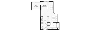 A black and white image of a floor plan for a house with a den, living room, kitchen, bathroom, and bedroom.