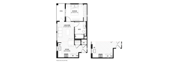 A floor plan of a house with a living room, a kitchen, a bedroom, a bathroom, a patio, a dining room, and a study.