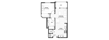 A black and white image of a floor plan for a house with a patio, living room, kitchen, bath, and bedroom.