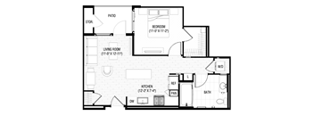 A black and white image of a house floor plan with a patio, living room, bedroom, kitchen, bathroom, and a storage area.