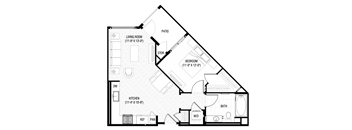 A black and white image of a house floor plan with a living room, kitchen, bathroom, and bedroom.