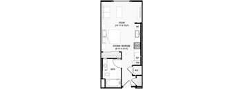 A floor plan of a studio apartment with a kitchen, bedroom, bathroom, and a workspace.