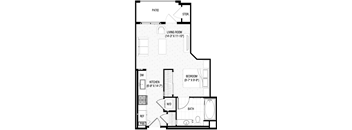 A black and white drawing of a house plan with a living room, kitchen, bedroom, bathroom and a patio.