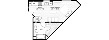 A floor plan of a small apartment with a kitchen, bathroom, and living room.