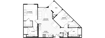 A black and white floor plan of a house with a living room, kitchen, dining room, bedrooms, bathrooms, and a pantry.