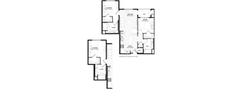 A floor plan of a house with two bedrooms, a living room, a bathroom, a kitchen, and a pan.