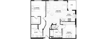 A black and white image of a floor plan for a house with a patio, living room, kitchen, bathrooms, and a dining area.