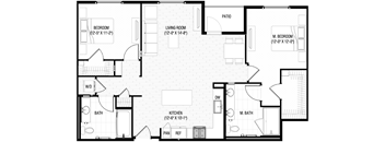 A black and white image of a house floor plan with a living room, kitchen, two bedrooms, a bathroom, and a patio.