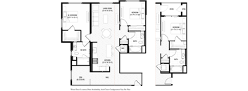 A black and white image of two house plans with dimensions.