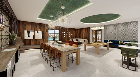 A modern dining room with a long table and chairs.