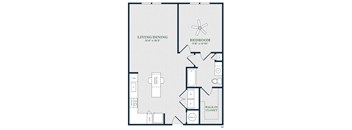 A black and white image of a floor plan for a living/dining area and bedroom.