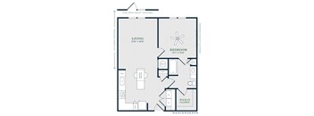 A floor plan of a house with a living room, bedroom, and walk-in closet.