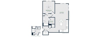 A floor plan of a living space with a bedroom, closet, and two bathrooms.
