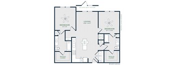 A floor plan of a living space with two bedrooms, a dining area, and a walk-in closet.