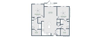 A floor plan of a living space with two bedrooms, a dining area, and a walk-in closet.