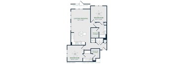 A floor plan of a house with two bedrooms, a living area, and a kitchen.
